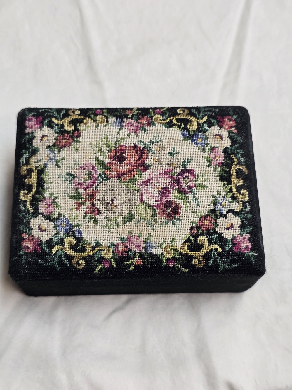 Vintage 60's Silk Petit point Trinket Box - Black with Multicolor Floral Design